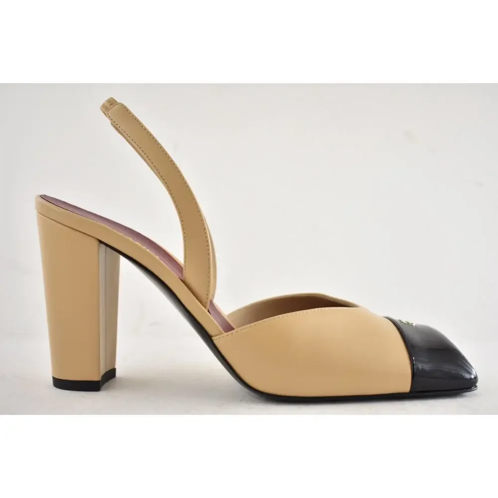 Chanel 26S Blazy Beige Black Square Toe Sling CC Slingback Block Heel Pump 37 - Picture 2 of 16
